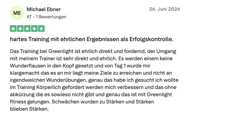 Trustpilot-Bewertung von Michael Ebner, 5 Sterne: Hartes Training mit ehrlichen Ergebnissen